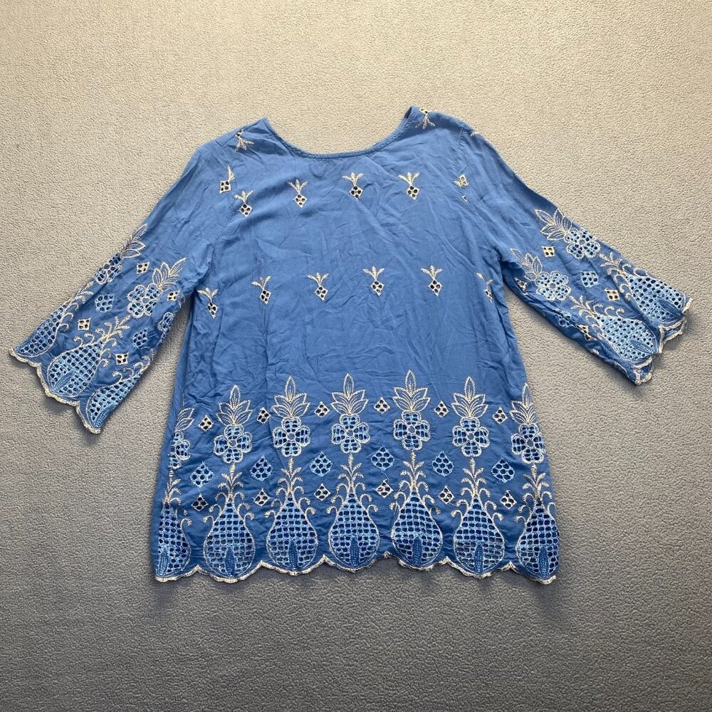 Blue Embroidered Lace-Trim Blouse
